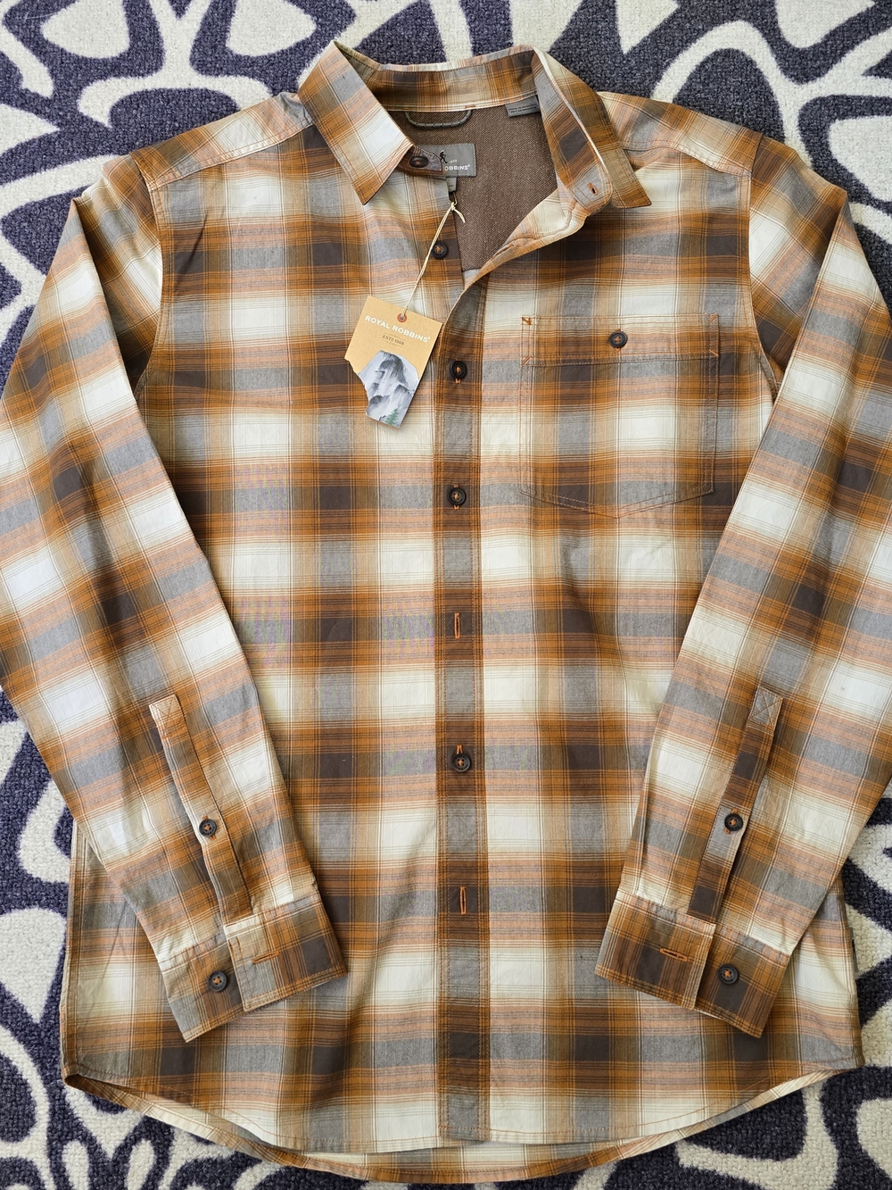 Royal Robbins Orange and Brown Plaid Long-Sleeve Button-Down Shirt